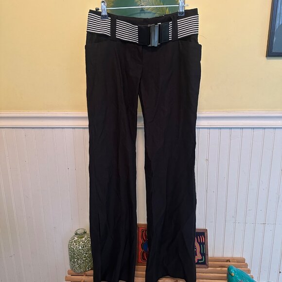 Flirtatious Vintage 00s Black Wide-Leg Pants With Striped Belt & Pockets - Picture 1 of 10